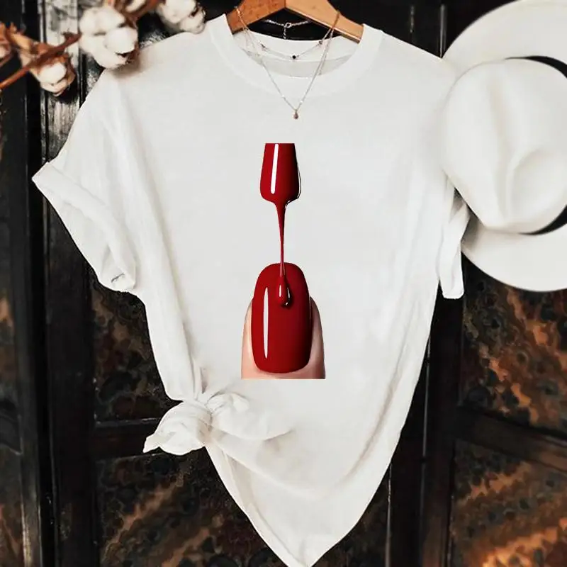 

Women Fashion Make Up Sexy Nail Art Fingernail Casual Tshirt Top Clothes Clothing Female Summer Short Sleeve Graphic Tee T-shirt