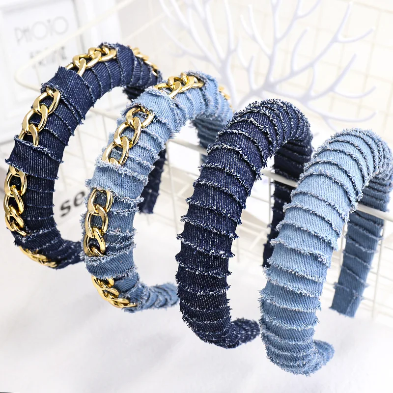 

2021 New Arrival Women Denim Hairband Metal Chain Creative Thickened Sponge Winding Headband Hair Accessories