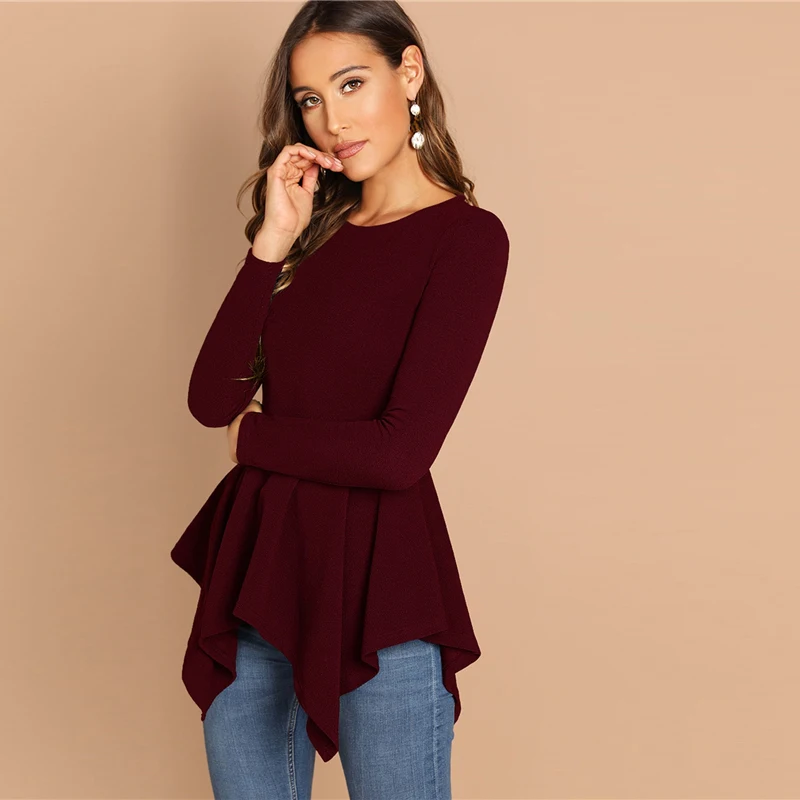 SHEIN Однотонный Топ С Асимметричным Низом И Молнией Женская Черная Классическая Блузка С Длинными Рукавами
