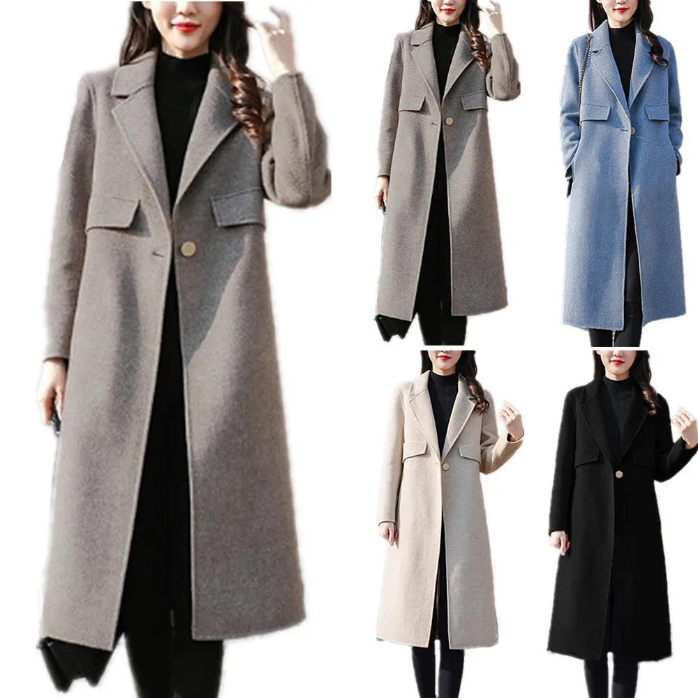 

Womens Elegant Coat Lapel Trench Office Lady Streertwear Jacket Winter Warm Long Woolen Coat Overcoat Outwear Casual Tops