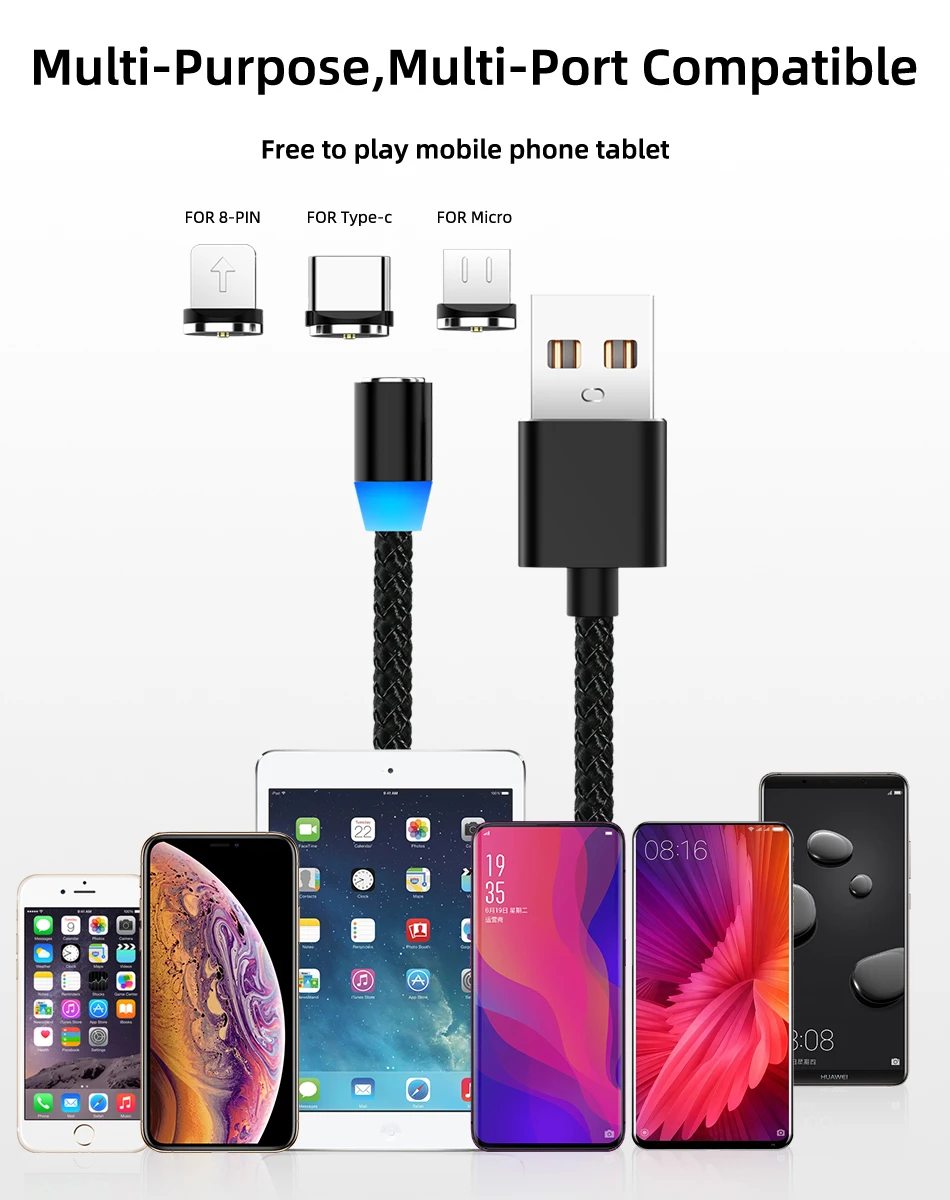 Магнитный usb-кабель для быстрой зарядки 2,1 А, Тип C, микрокабель, светодиодный, с нейлоновой оплеткой, type-C, магнитное зарядное устройство для iPhone XS X 7, samsung, 1 м, 2 м