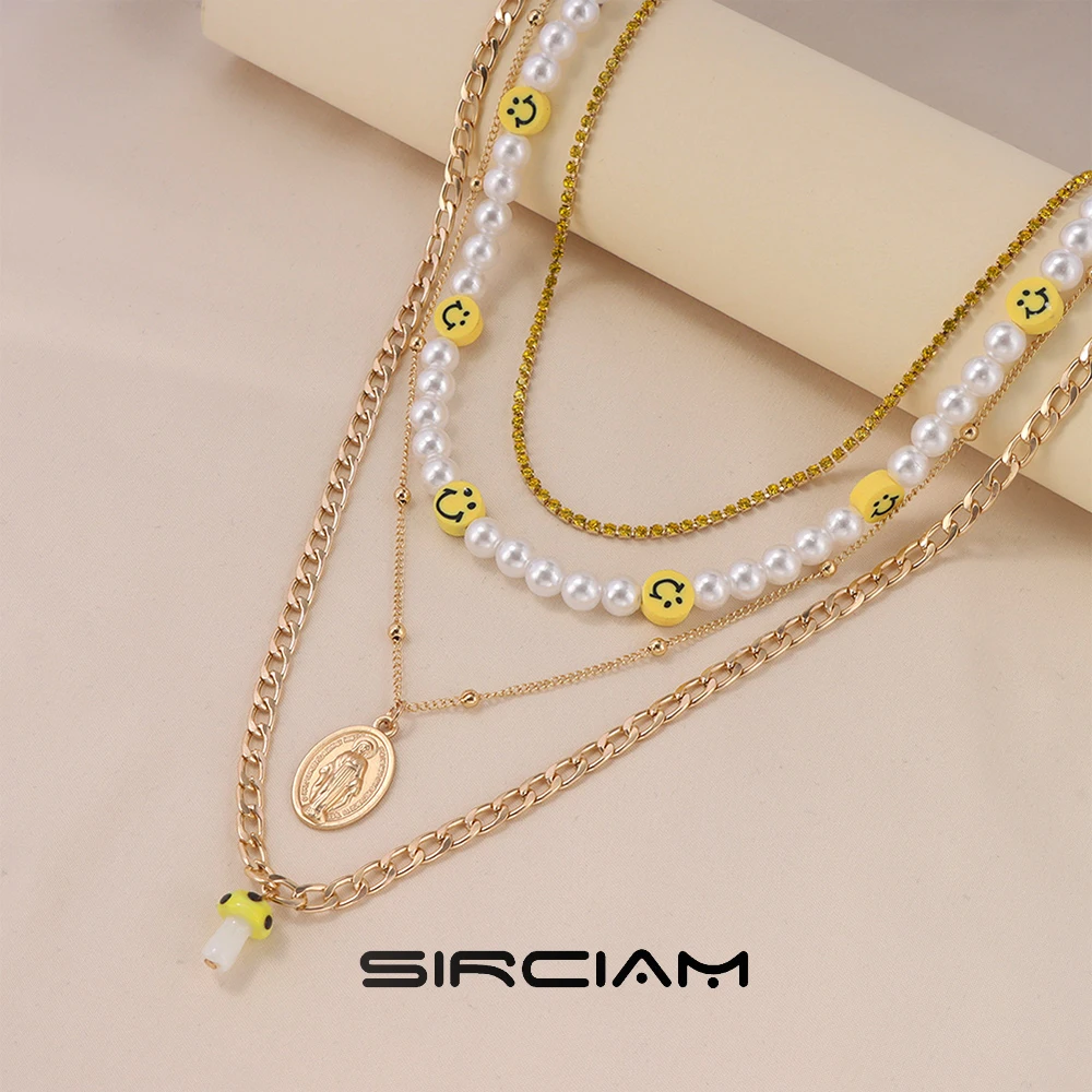 

Layered Yellow Smiley Mushroom Imitation Pearls Choker Beaded Necklace For Women Portrait Coin Pendant Rhinestone Chain Jewelry