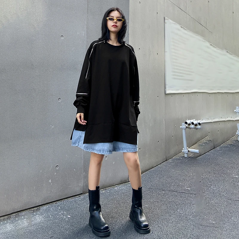 

Loose Fit Black Denim Stitch Long Sweatshirt New Round Neck Long Sleeve Women Big Size Fashion Spring Autumn 2021 1DC363