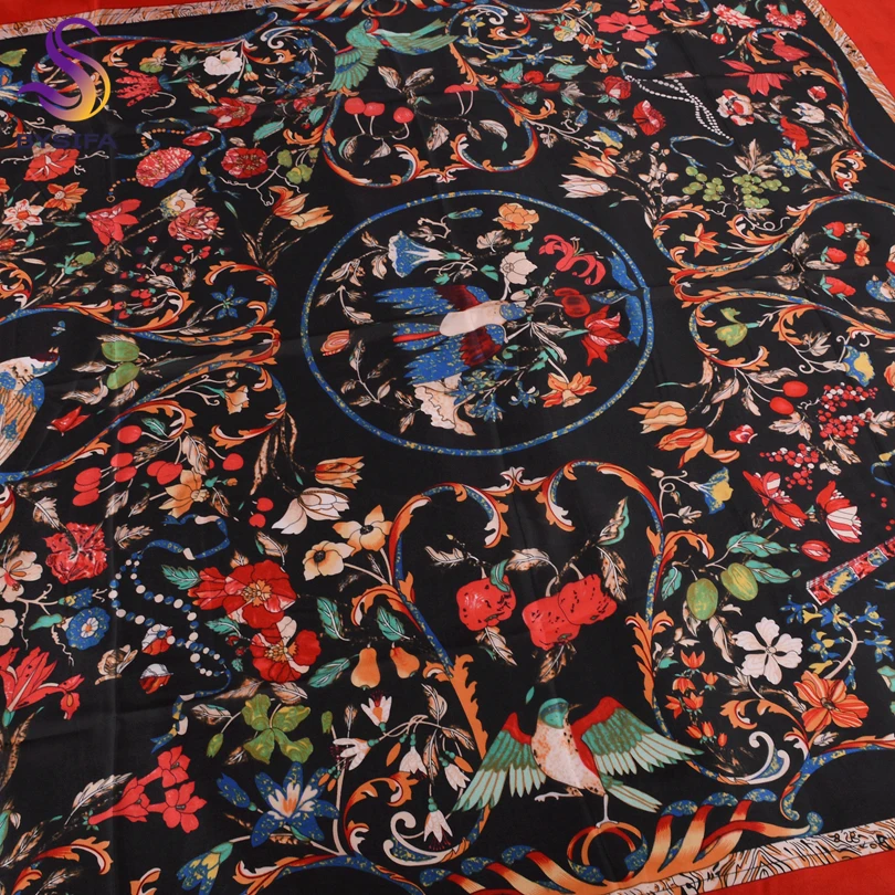 Женский атласный шарф с цветочным рисунком [BYSIFA] красно-черный квадратный