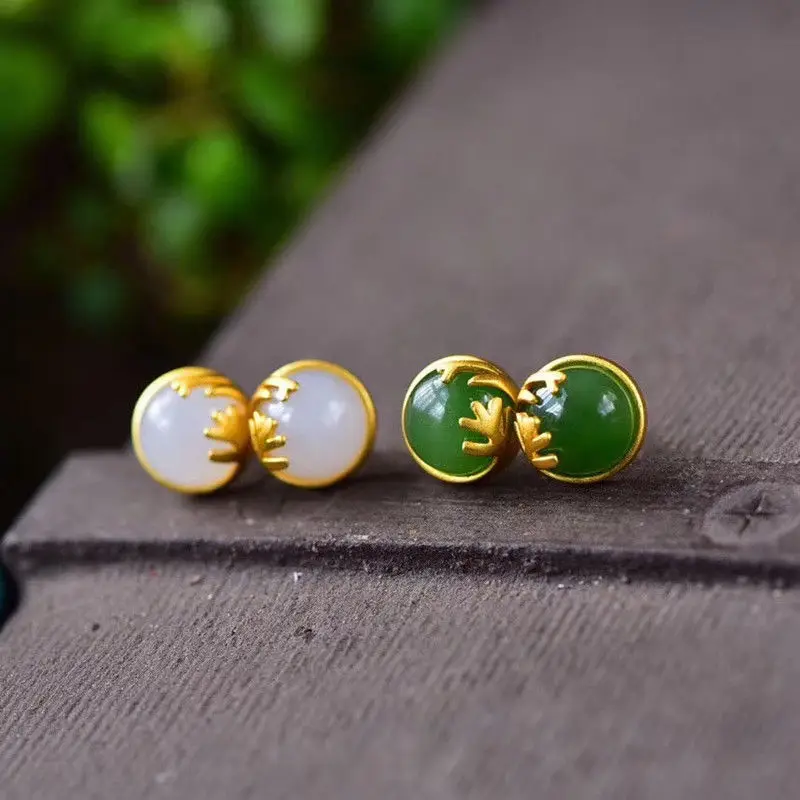 

New silver inlaid natural Hetian white jade earrings Chinese style retro unique ancient gold craft charm women's brand jewelry