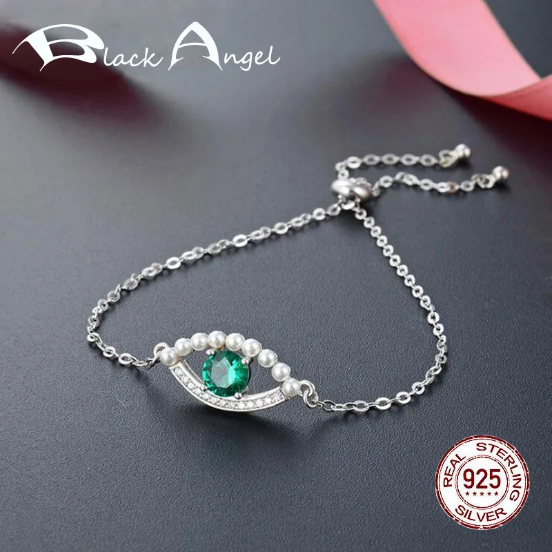 

New 925 Sterling Silver Sparkling Emerald Evil Eye Link Chain Adjustable Bracelet Pave CZ Pearl Girl Women Turkish Jewelry