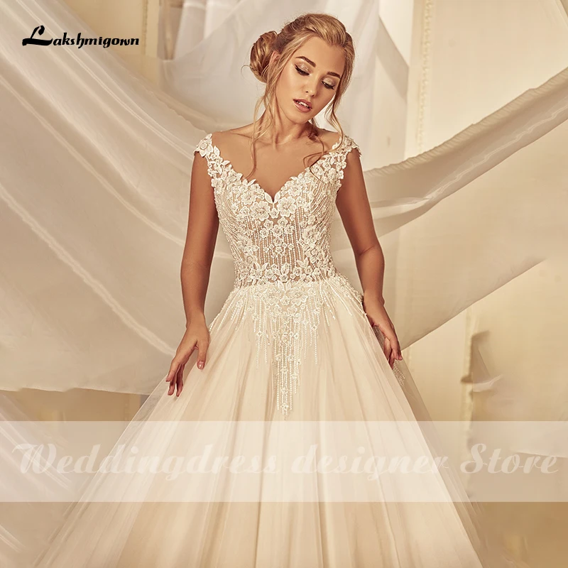 

Lakshmigown Tulle A-line Boho Wedding Dresses 2021 Short Sleeve Lace Beads vestido de novia V-Neck Sweep Train robe de mariee