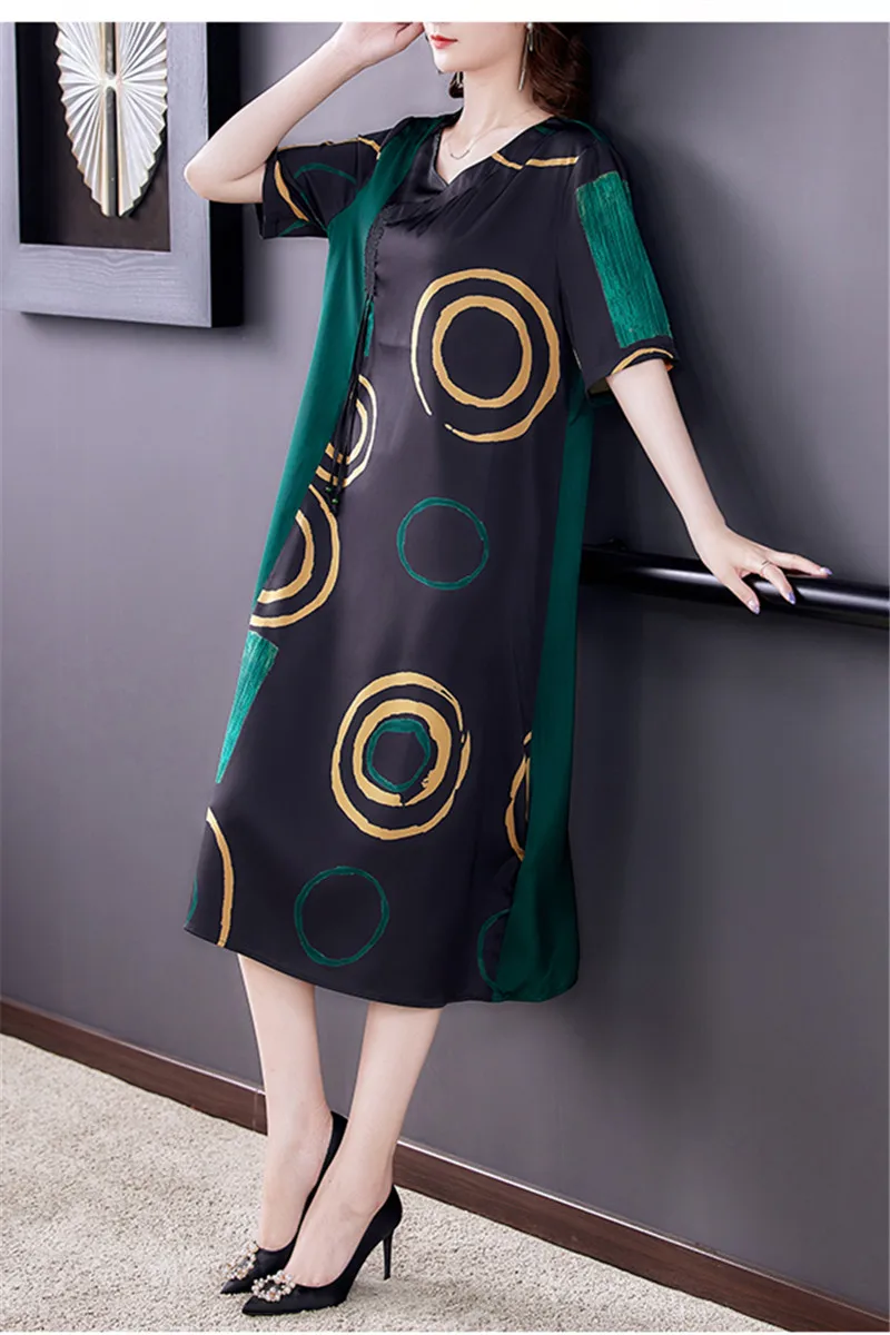 

Plus Size Fashion 2021 New Natural Silk Women Dresses Casual Loose Short Sleeve Summer Elegant Patchwork Printing Lady Dress