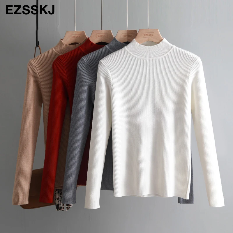 Базовый облегающий плотный свитер зимний теплый вязаный с длинным рукавом и