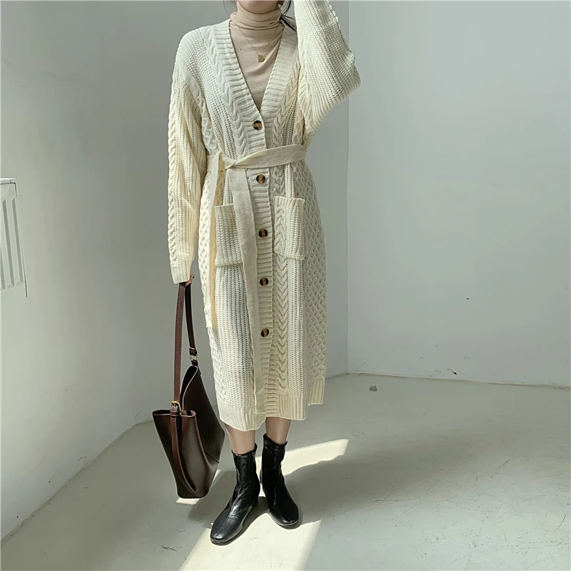 

Korean Style Chic Cardigan Sweater Women Vintage Loose Pockets Sashes Single Breasted Knitted Autumn Winter New Long Cardigans