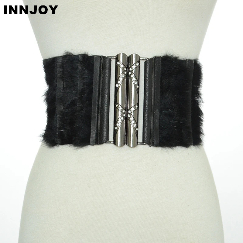 

2020 Women Rabbit fur Wide Elastic Waist Belt Dress Belt Accessories Stretch Elastic Wide Corset Waist Metal Buckle Cummerbund