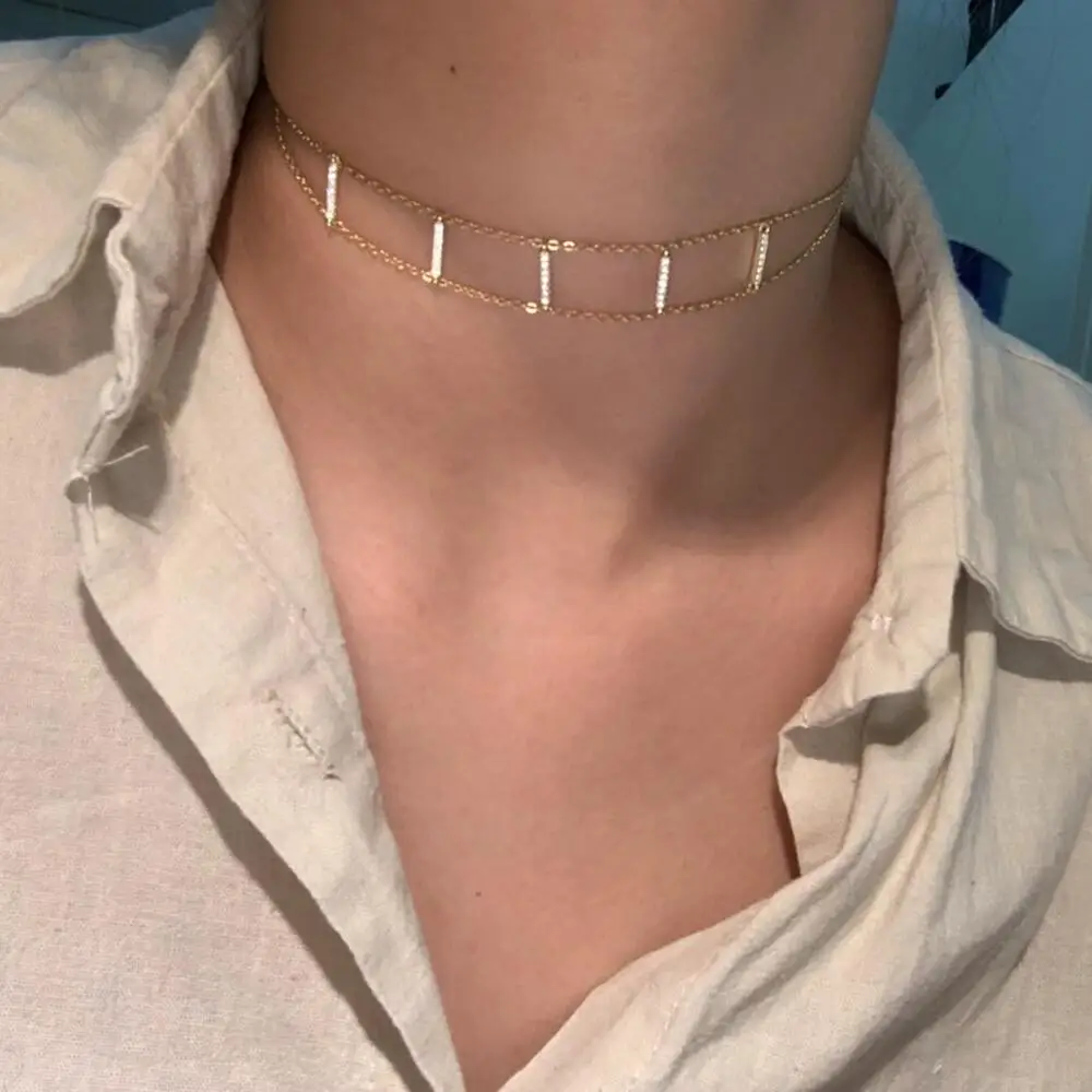 gold filled cz mirco paved 925 sterling silver short bar charm choker necklace delicate double chain setting women wedding gift|Ожерелья| |