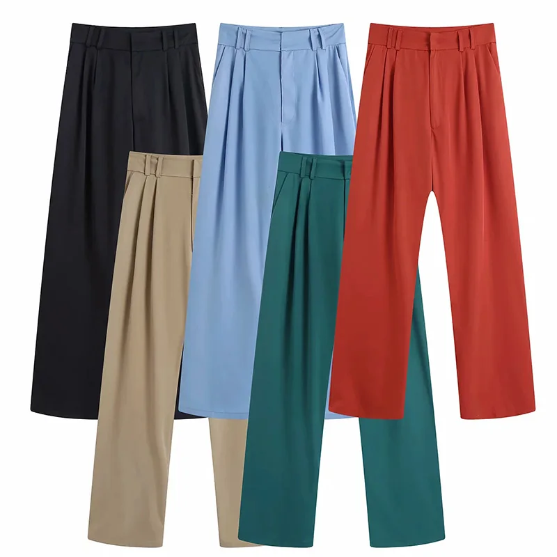 

Za Women Pants For Fashion Trousers Pockets Solid Color Wide-leg Trousers Vintage High Waist Zipper Fly Female Casual Trousers