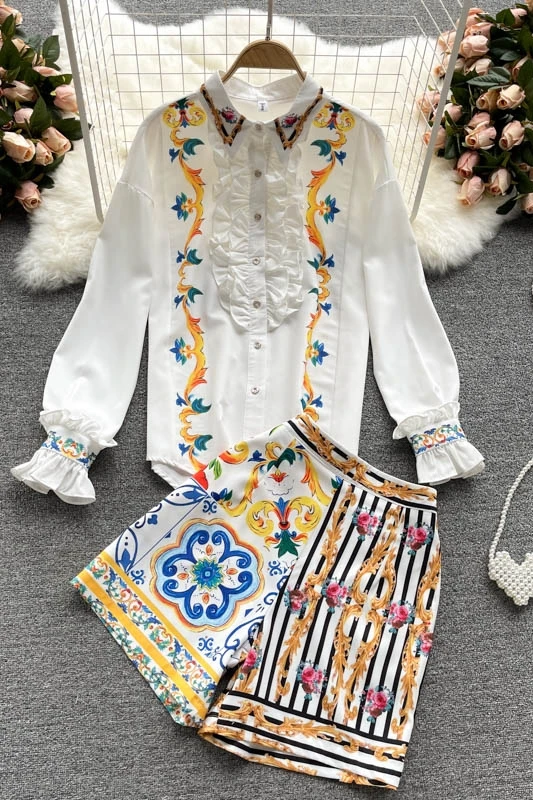 

Ladies temperament spring women's design sense printed shirt women's versatile high-waist wide-leg pants two-piece suit