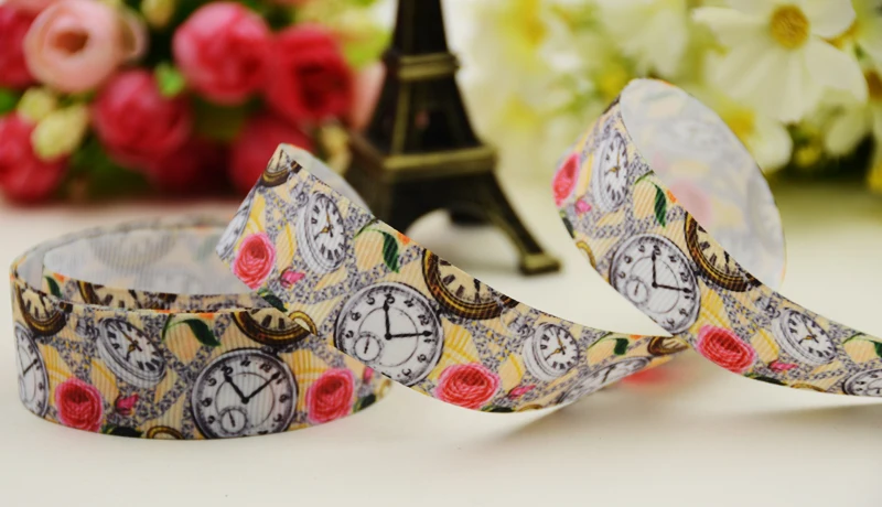 

22mm 25mm 38mm 75mm Clocks and watches Cartoon printed Grosgrain Ribbon party decoration 10 Yards X-02881