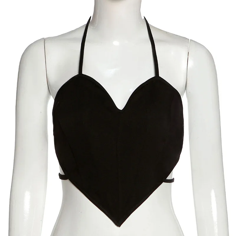 

Summer Heart Shape Cami Hollow Out Backless Halter Crop Top Sleeveless Slim Gothic Black Vest Harajuku Streetwear Clothing