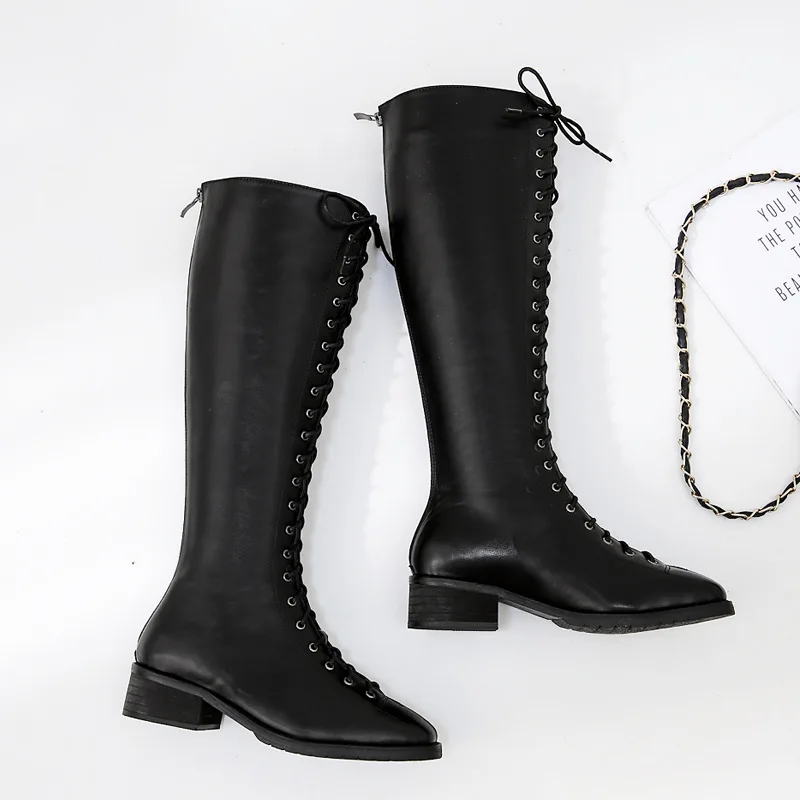 Botas Mujer; сапоги до колена с перекрестной шнуровкой; женские рыцарские сапоги martin; botines; обувь в стиле ретро на шнуровке, на массивном каблуке; зимняя кожаная обувь