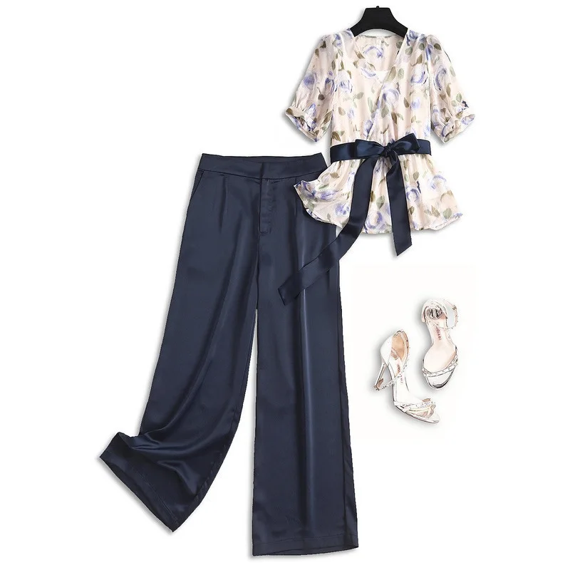 

Satin Pant Two Piece Set V Neck Lace Up Shirt Blouse Tops Straight Pants Overalls Women Fashion OL Sets Outfits