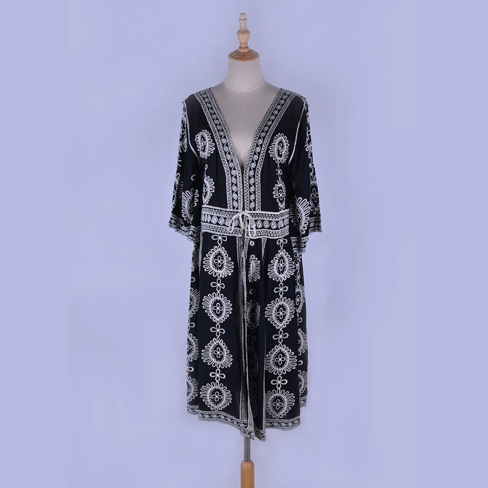 Туники для пляжа длинное пляжное платье черная хлопковая Пляжная накидка с