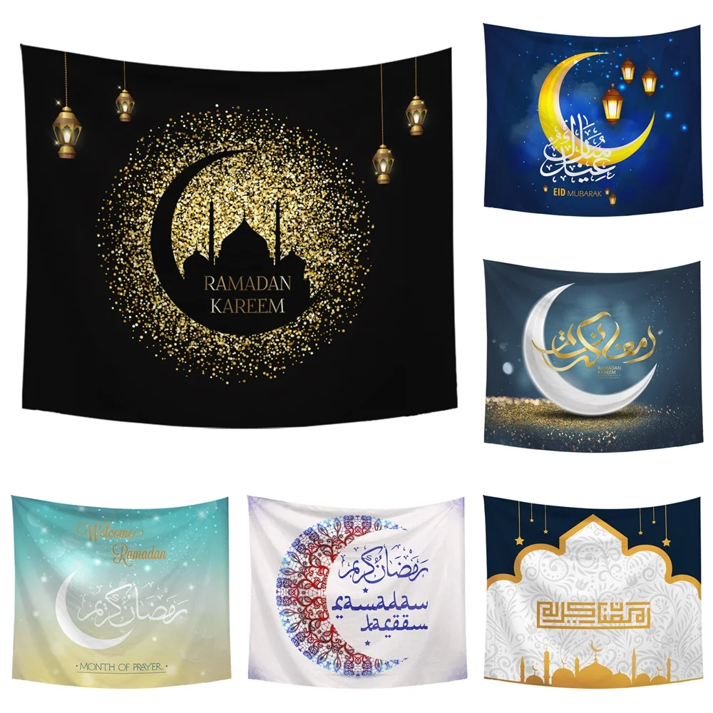 

Ramadan Kareem Tapestry Wall Hanging Moon Star Black Blue Wall Cloth Blanket Dorm Art Decoration For Living Room Bedroom