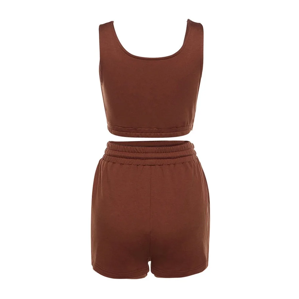 

2021 casual solid sportswear two-piece women's nine-point top and drawstring shorts matching suit summer sports suit