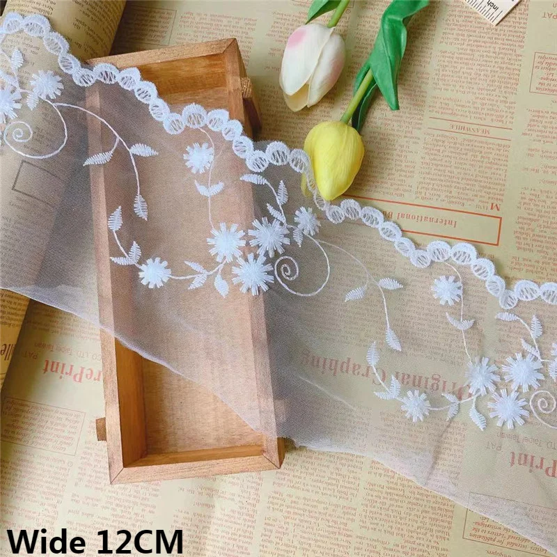 

12CM Wide Luxury White Cotton Embroidery Fringe Ribbon Tulle Mesh Guipure Dress Lace Fabirc DIY Wedding Headveil Sewing Material