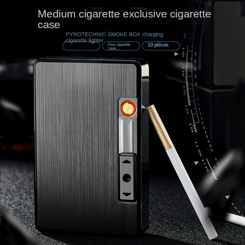 

Automatic Pop-up Cigarette Case with 10 Packs, Rechargeable USB Windproof Tungsten Wire Lighter, Moisture-proof Smoking