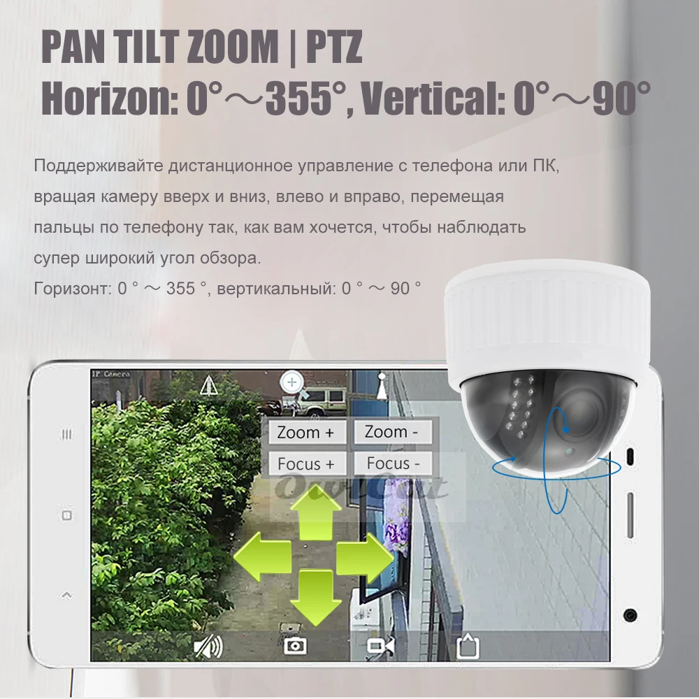 Домашняя поворотная купольная PTZ ip камера OwlCat HD Wi Fi 5 кратный зум Аудио Микрофон 2
