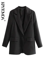 kpytomoa women 2021 fashion office wear single button blazer coat vintage long sleeve pockets female outerwear chic tops