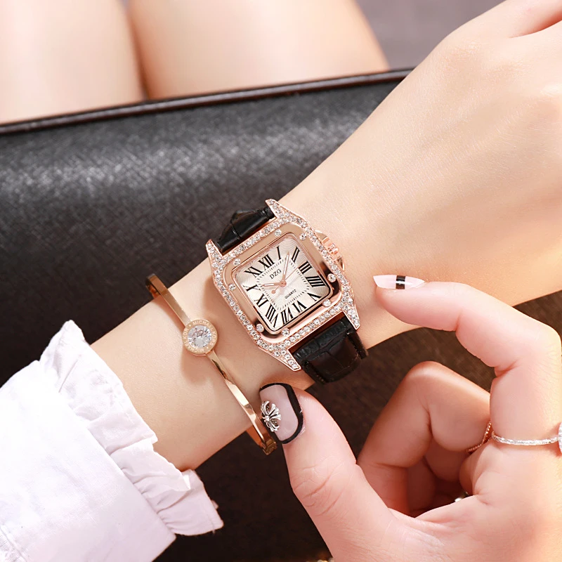 

Fashion Diamond Square Case Ladies Belt Watch Student Roman Numeral Water Diamond Watch