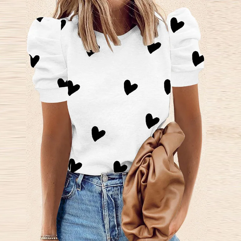 

Women O-Neck Retro Puff Sleeve Shirt Pullover 2021 Summer Fashion Patter Print Tops Pullovers Casual Loose Streetwears Top