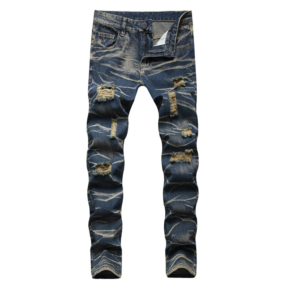 

Men Tie and Dye Ripped Denim Jeans Trendy Streetwear Holes Distressed Blue Straight Pants Casual Cotton Trousers
