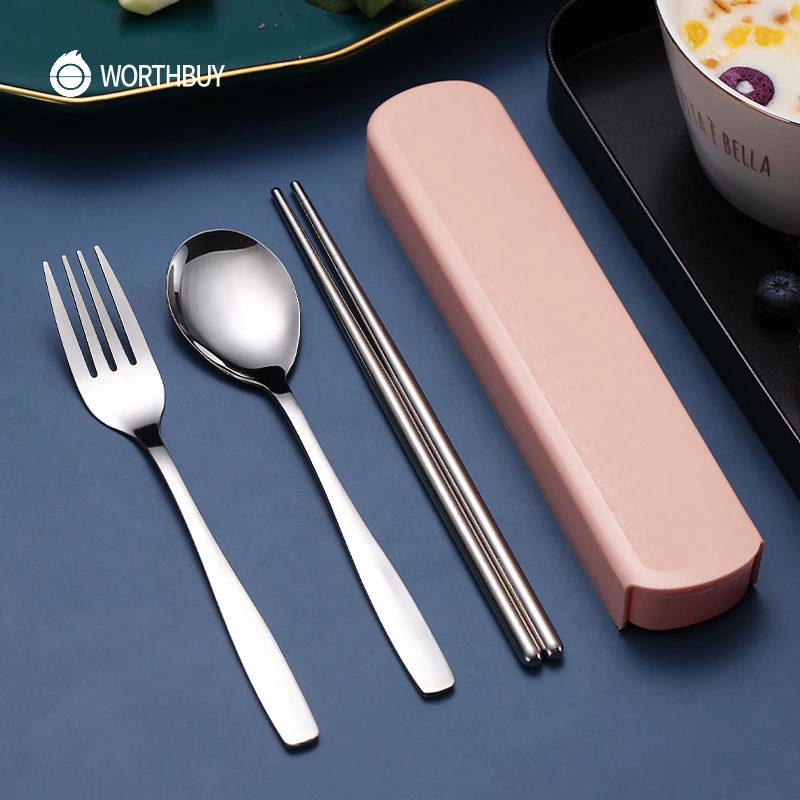 

Portable Dinnerware Set Stainless Steel Travel Tableware Kid School Cutlery Kitchen Fork Chopsticks Spoon Dinner Set With Box