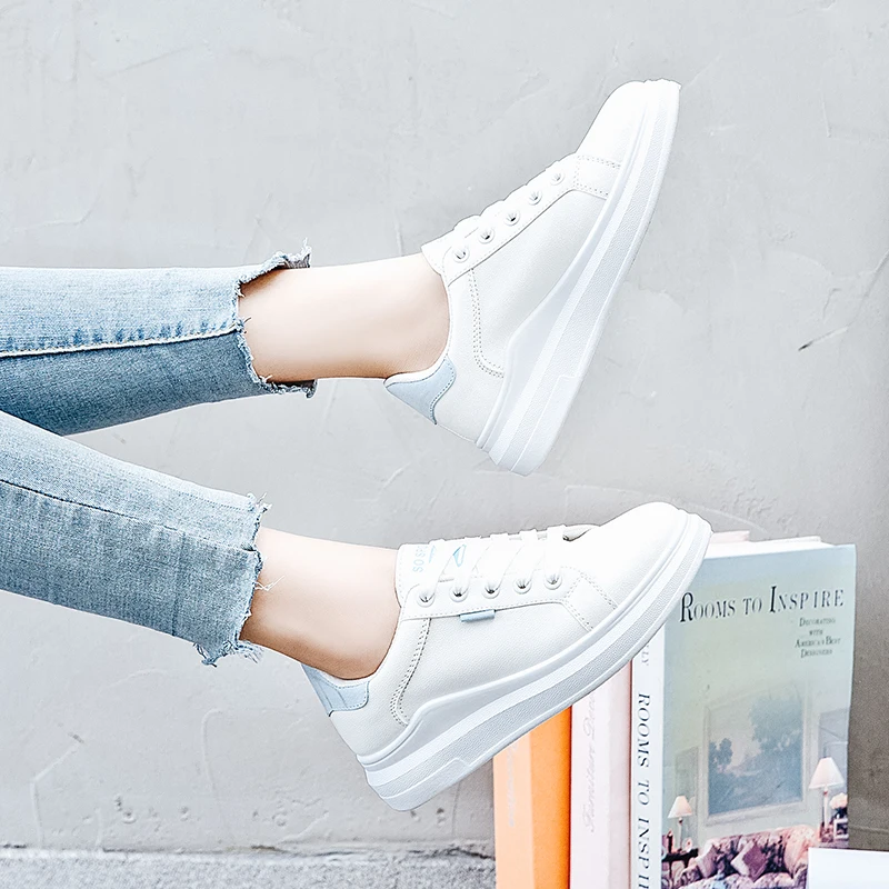 Кроссовки женские из ПУ кожи дышащие повседневная обувь на шнуровке плоская