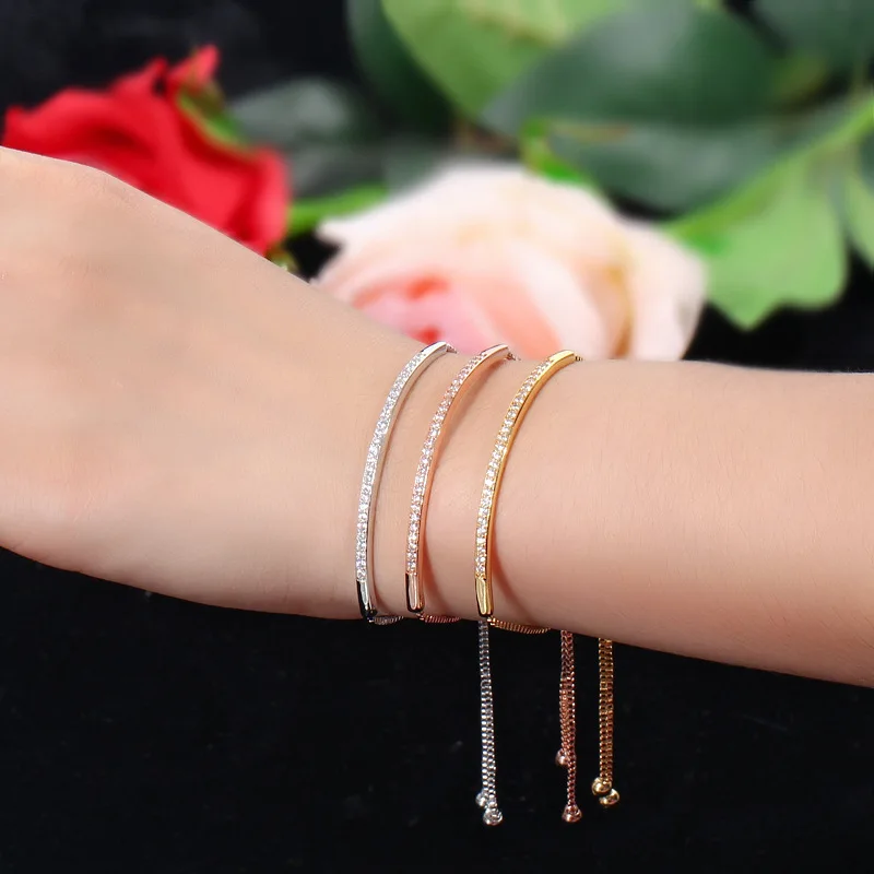 

Shiny Single Row Arc Adjustable Bracelet Bangle for Women Captivate Bar Slider Brilliant Jewelry Bracelet Pulseira Feminia