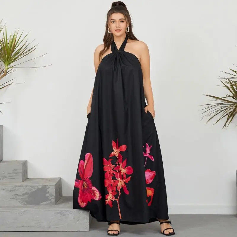 

Celmia Women Plus Size Halter Maxi Dress 2021 Summer Sexy Backless Floral Printed Ruffles Sundress Casual Loose Long Vestidos