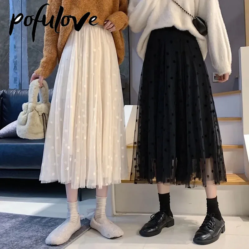 

Skirts Womens Black Skirt Mesh High Waist Mid-length Four-leaf Clover Pleated Skirt Trending Autumn and Winter Faldas Fashion