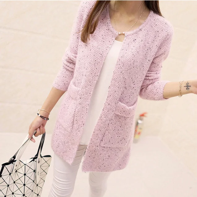 Pink Демисезонный длинный кардиган, Женский вязаный кардиган с длинным рукавом, женский свитер, женская вязаная куртка, топы, свитер для женщин - Color: Pink