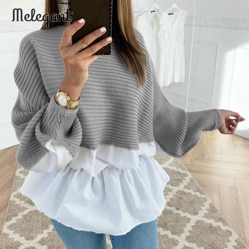 Элегантный винтажный трендовый вязаный пуловер с оборками и круглым вырезом