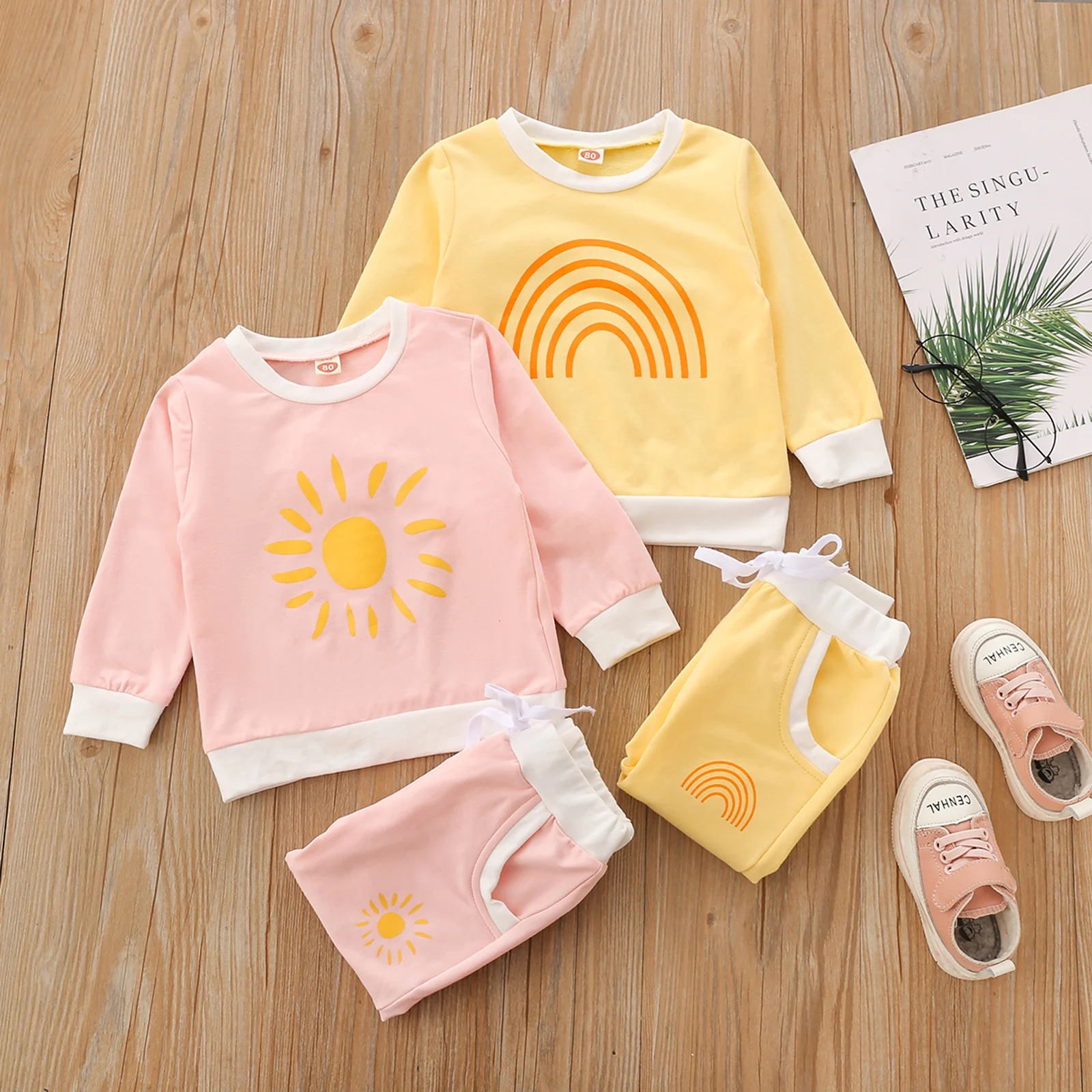 

1-5 Years Kids Spring Tracksuit, Sun/rainbow Print Round-neck Long Sleeves T-shirt + Tied Waist Pants for Little Girls,