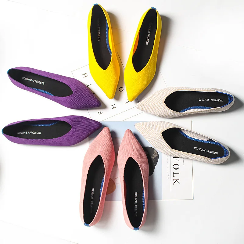 

LEOSOXS Women Flats Knitted Breathable Pointed Toe Shallow Casual Shoes Loafers Slip-On Ladies Flats Soft Comfort Boat Shoes