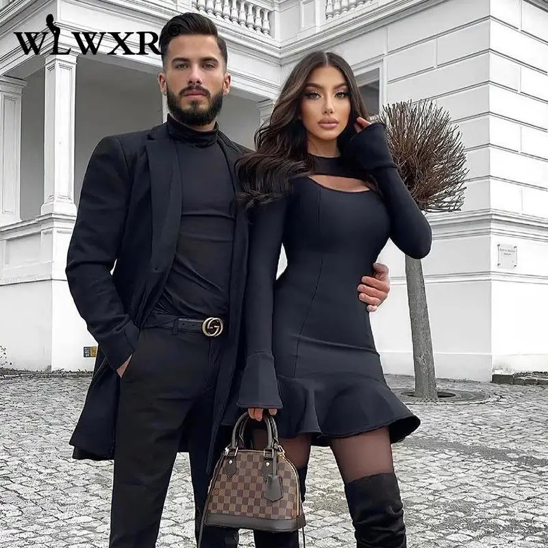 

WLWXR Осенняя уличная одежда черные платья для женщин 2021 ажурное Короткое мини-платье с длинными рукавами и оборками