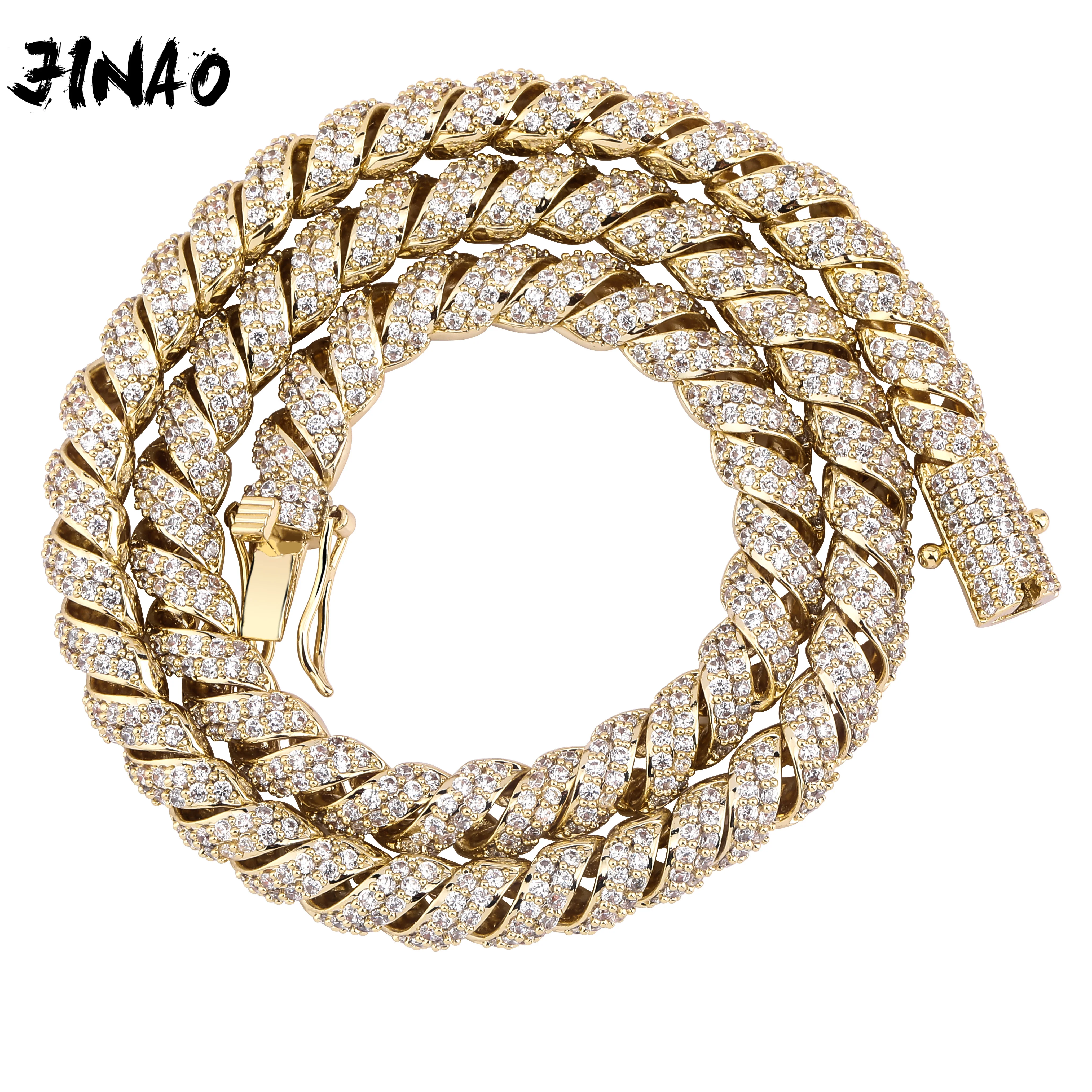 JINAO New Fashion10mm Gold Silver Color Columnar buckle twist chain  Plated Iced Out Cubic Zircon Cuban Links Men's Necklace