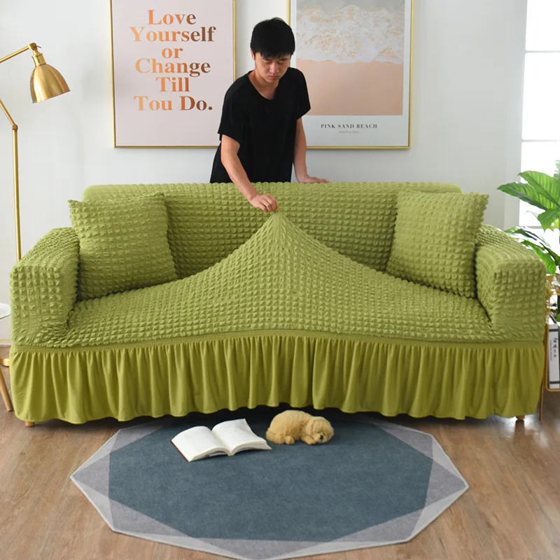 Жаккардовый чехол для дивана с юбкой эластичный универсальный на диван