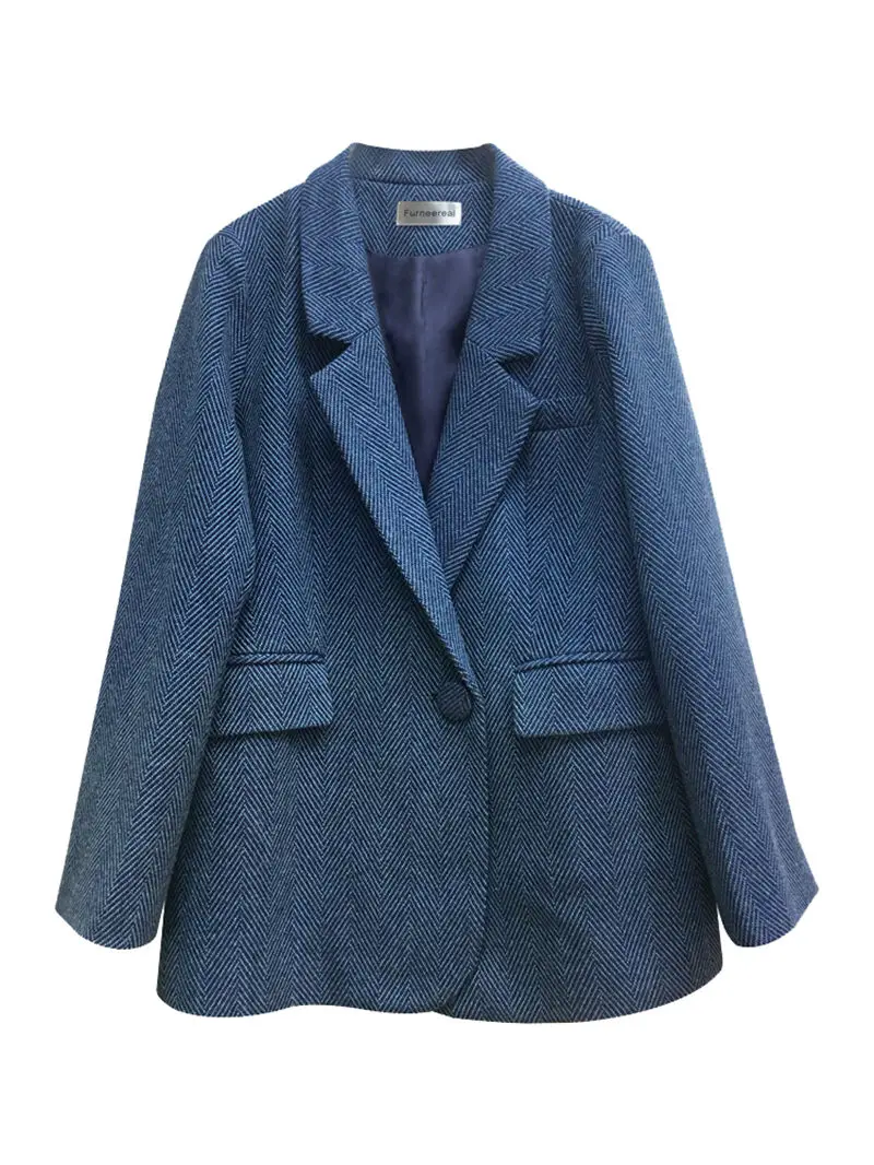 

Blue Herringbone Woolen Suit Jacket Female Autumn And Winter New Leisure All-Match British Style Temperament Blazer Coat y762
