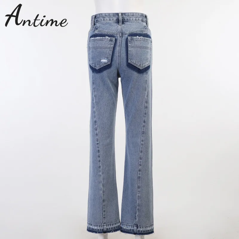 

Antime Patchwork Jeans Pant Pockets Streetwear Y2K 2021 Spring Summer Women Casual Fashion High Waist Long Denim Trousers