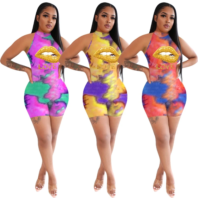 

2021 Summer Clothes Jumpsuit Women Tie-dye Lips LOVE Print Sexy Bodysuit Ladies One Piece Outfits Streetwear Wholesale Items