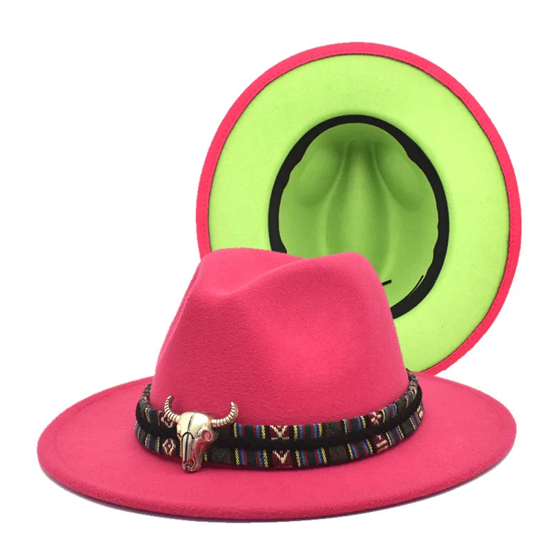 

Autumn and winter new two-color woolen Fedoras top hat Female bull head accessories double-sided color jazz hat man felt hat