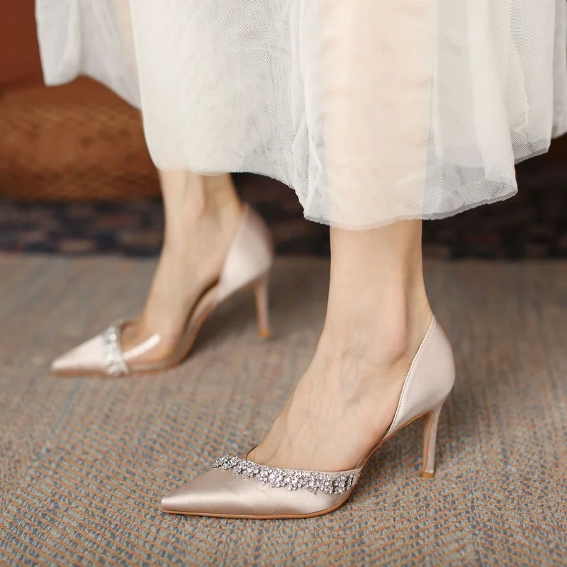 

Pointed Rhinestone Transparent High Heels Women Sandals 2021 New Satin Stiletto High Heels Wedding Shoes Bride