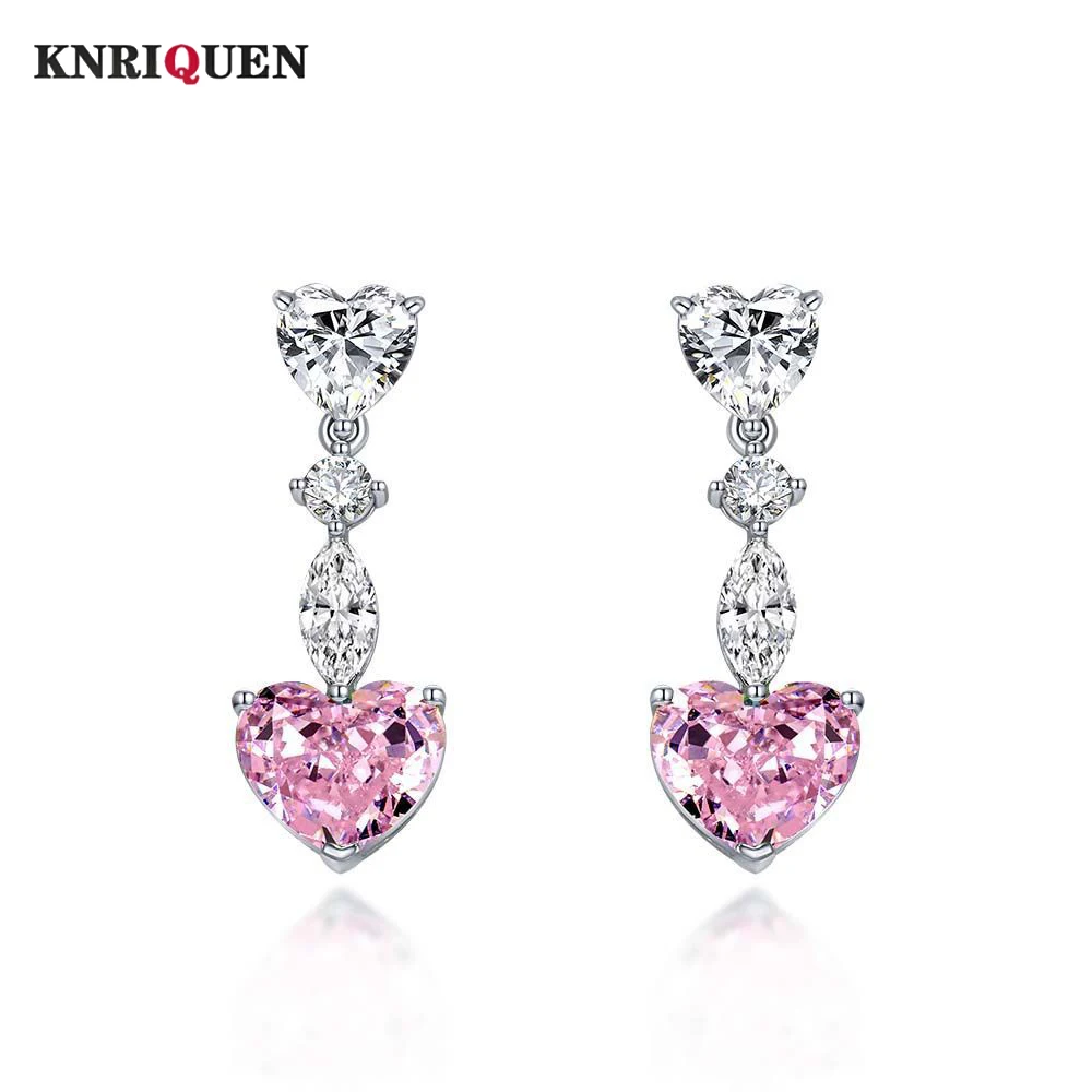 

Romantic 100% 925 Real Silver 10*12mm Heart-Shaped Pink Quartz High Carbon Diamond Drop Earrings for Women Wedding Fine Jewelry